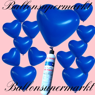 Kleines Set aus blauen Herzluftballons mit der Miniflasche Ballongas-Helium