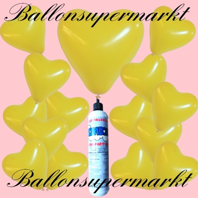 Luftballons Helium Set mit der kleinen Heliumflasche, gelbe Herzluftballons