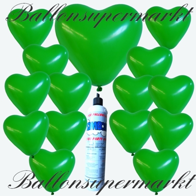 Luftballons imSet mit der Helium-Mini-Einwegflasche, grüne Herzluftballons mit Ballongas-Helium
