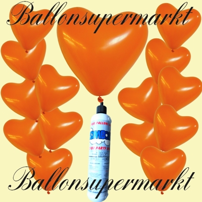 Luftballons mit helium im Set, orangene Herzluftballons mit der kleinen Einweg Heliumflasche und Ballonbändern